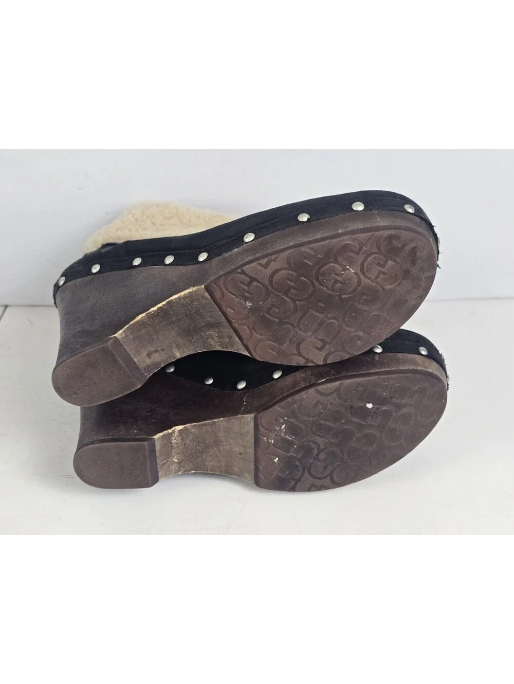 UGG Australia Black Leather Shearling Wedge Clog Boots Studded Wood Heel Size 11